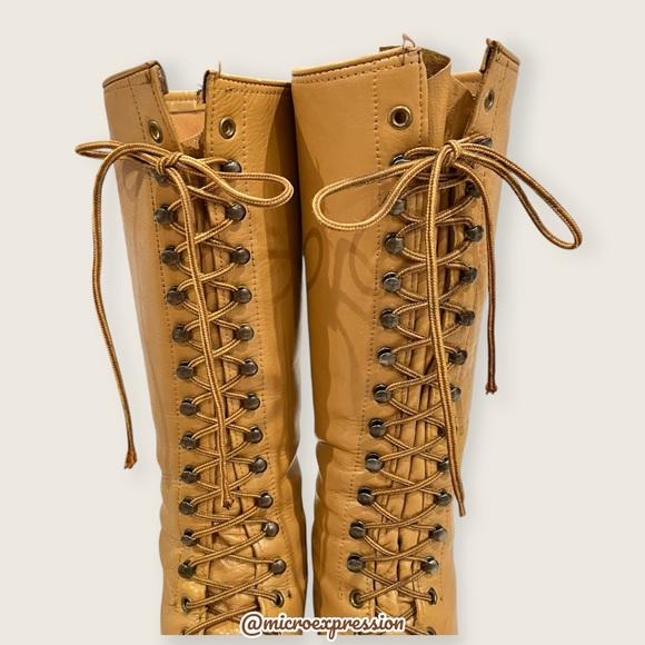 1960 VINTAGE Frye Campus Lug Lace Up Yellow Tan Banana Vintage Leather Tall Boot - Picture 8 of 15